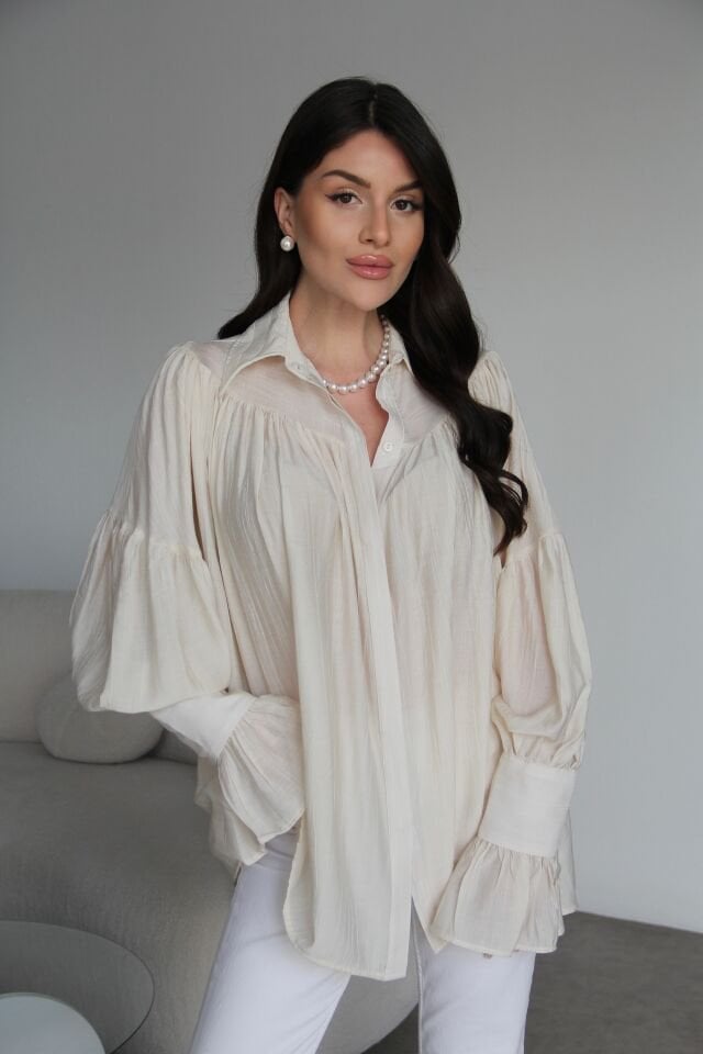 Krem Vintage Büzgü Kol Detaylı Premium Gömlek