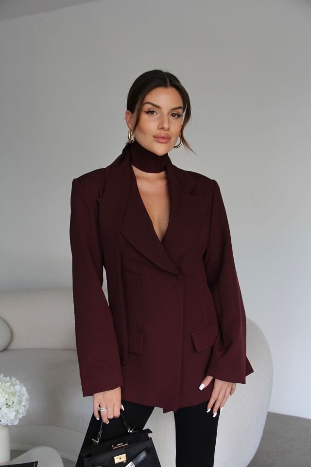 Mürdüm Bele Oturan Kuşak Detaylı Premium Tasarım Blazer Ceket