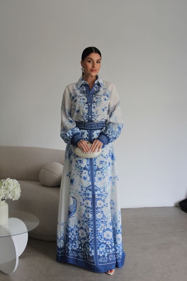 Mavi Desenli Gömlek ve Maxi Etek Premium Tasarım Keten Takım
