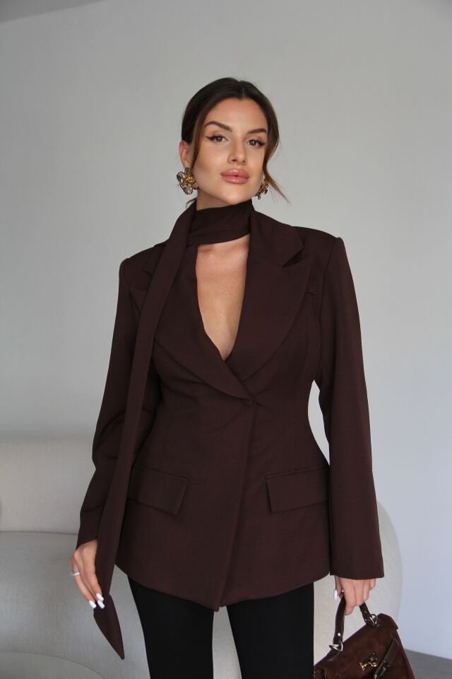 Kahve Şal Detaylı Astarlı Premium Tasarım Kruvaze Ceket