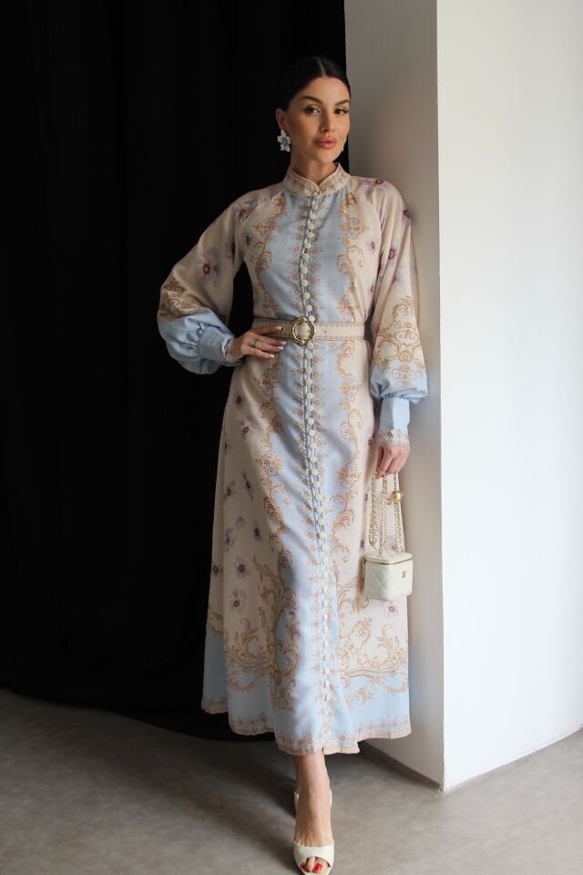 Dik Yaka Çok Renkli Düğmeli KEMERLİ Premium Tasarım Keten Elbise