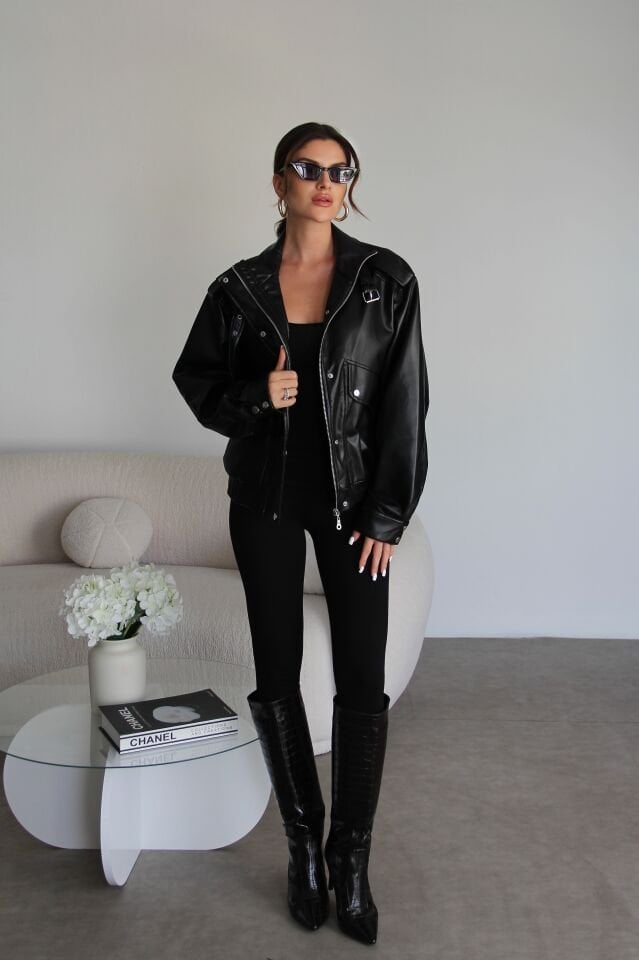 Çıtçıt Detaylı Astarlı Fermuarlı Bomber Siyah Deri Ceket