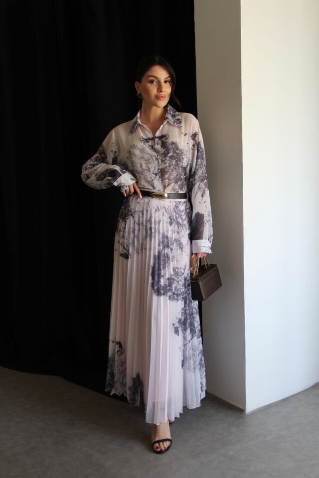 Pembe Desenli Gömlek ve KEMERLİ Piliseli Astarlı Maxi Uzun Etek Premium Şifon Takım