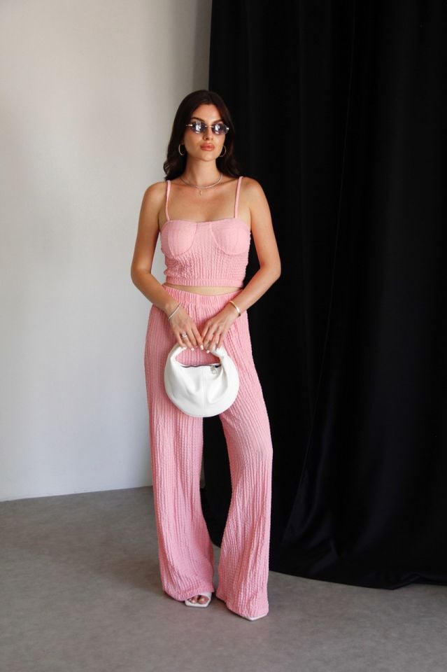 Julidress Pembe Destekli Crop Bluz Beli Lastikli Pantolon Alt Üst Premium Gofre Takım