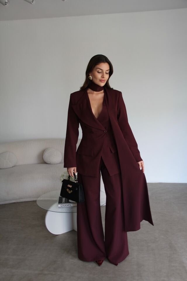 Mürdüm Şallı Kruvaze Ceket ve Palazzo Pantolon Premium Tasarım Takım