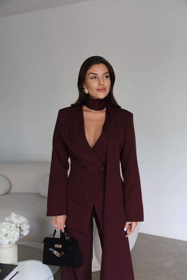 Mürdüm Şallı Kruvaze Ceket ve Palazzo Pantolon Premium Tasarım Takım