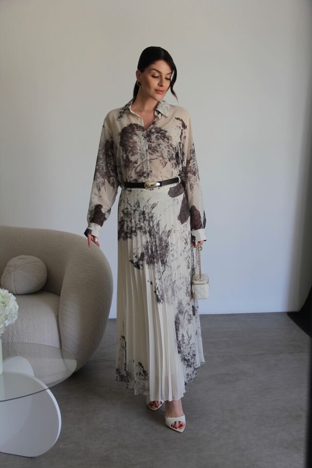 Bej Desenli Gömlek ve KEMERLİ Piliseli Astarlı Maxi Uzun Etek Premium Şifon Takım