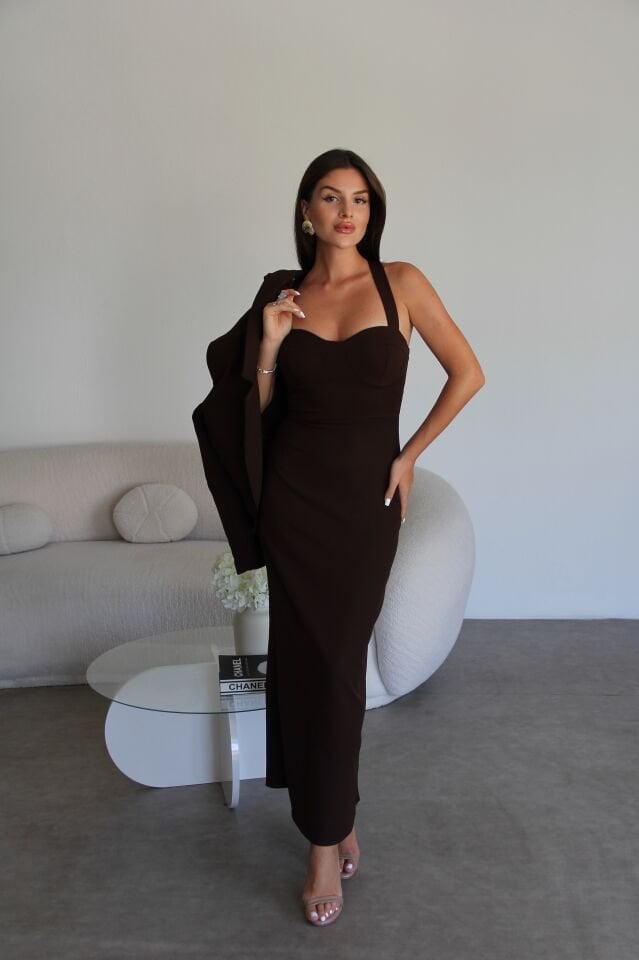 Kahve Askılı Elbise ve Kısa Crop Ceketli Alt Üst Premium Tasarım Takım