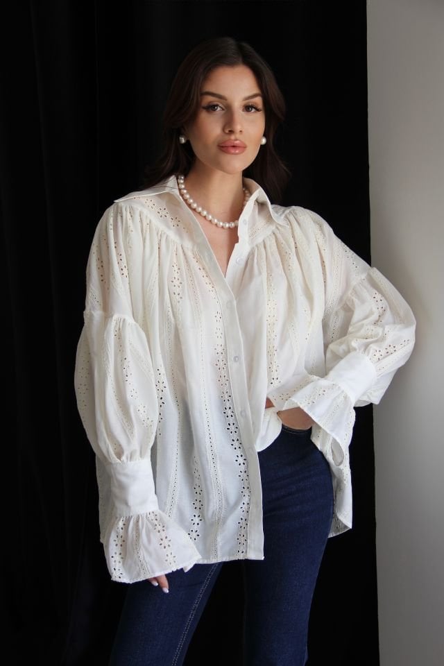 Ekru Oversize Bej Fisto Detaylı Premium Gömlek