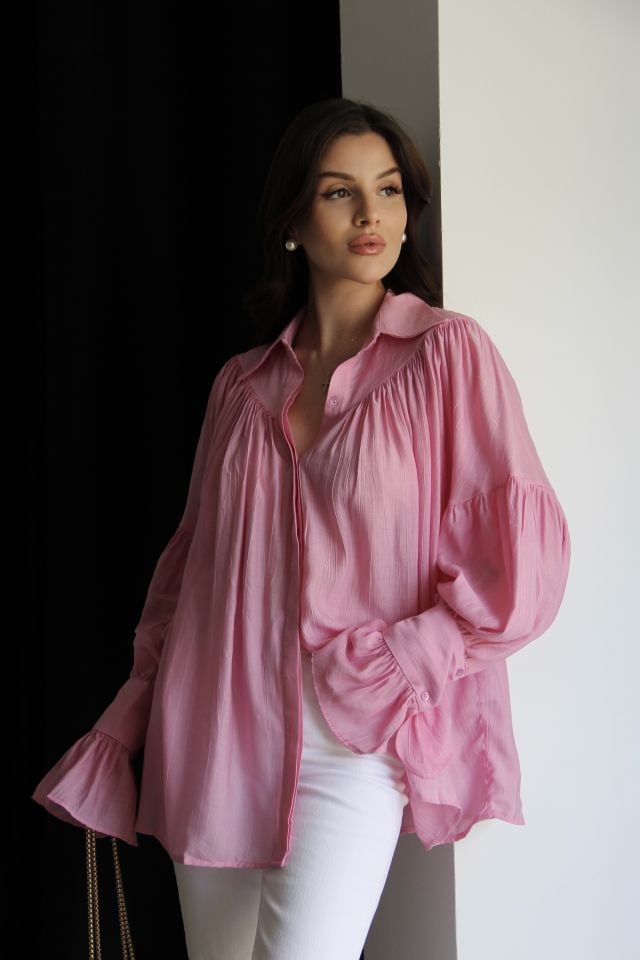 Pembe Oversize Kol Detaylı Premium Gömlek