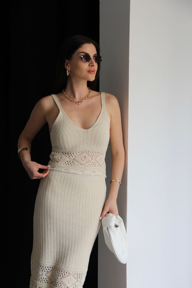 Julidress Krem Bej Crop Bluz Beli Lastikli Etek Alt Üst Premium Ajurlu Takım