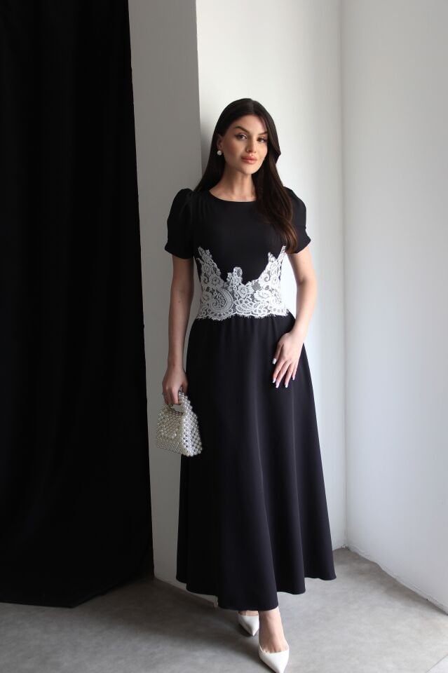 Dantel Detaylı Premium Midi Boy Siyah Elbise