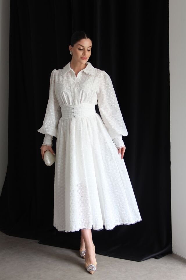 Beyaz Taş KEMER Detaylı Premium Brode Fisto Elbise