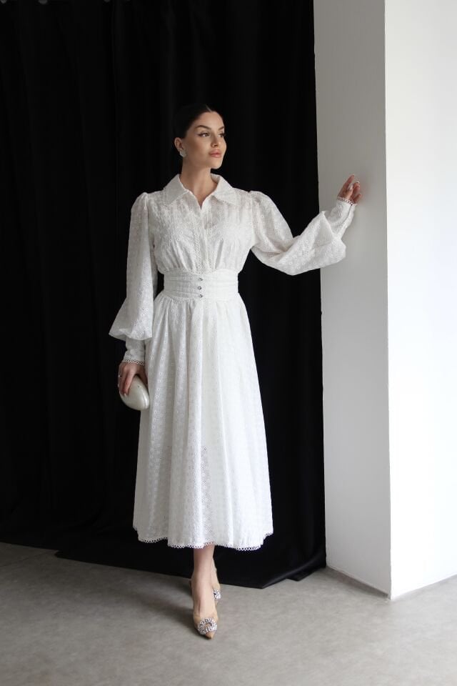 Beyaz Taş KEMER Detaylı Premium Brode Fisto Elbise