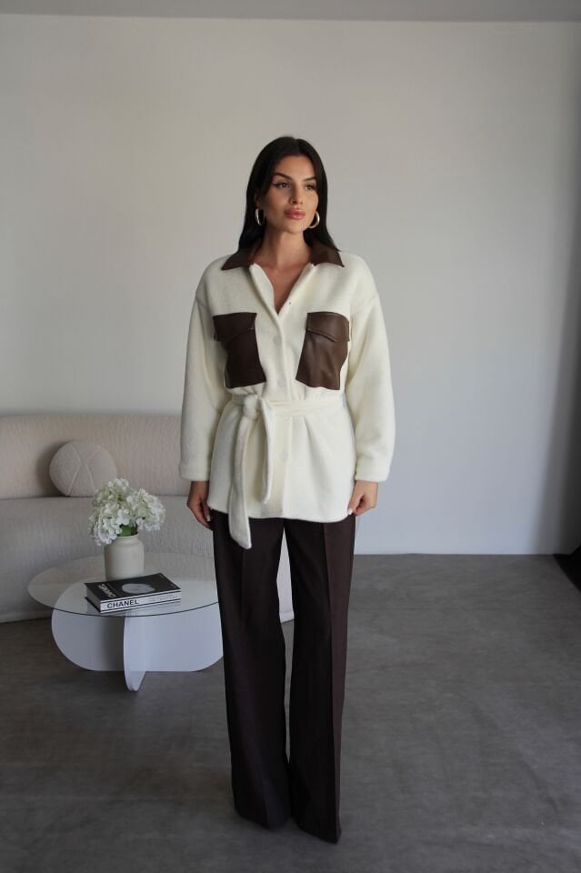 Kahve Deri Garnili Çıtçıt Düğmeli KUŞAKLI ince Premium Ceket