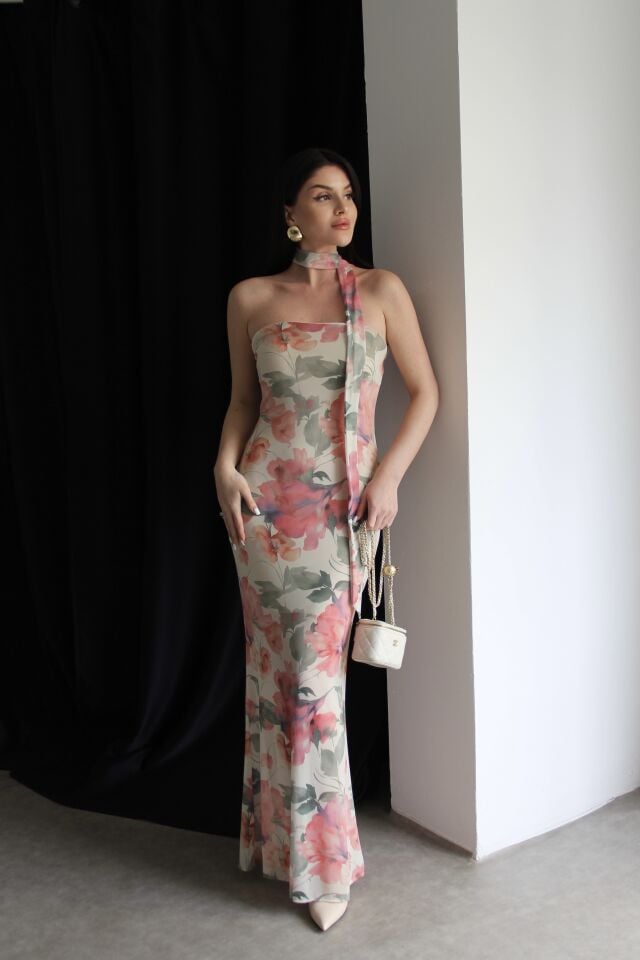 Çiçek Desenli Fularlı Astarlı Maxi Uzun Boy Premium Şifon Elbise