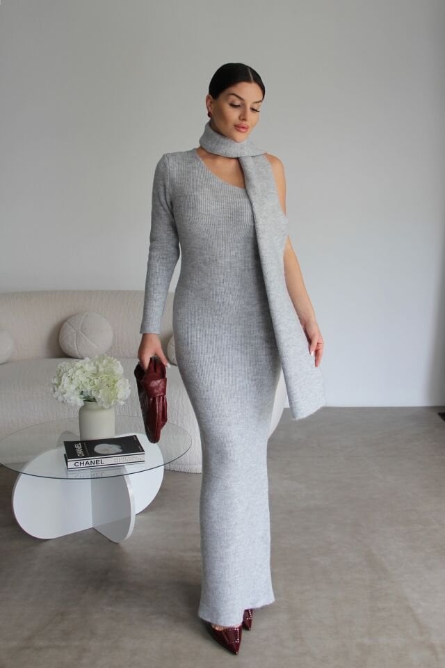 Gri Şal Detaylı Tek Omuz MAXİ UZUN Triko Yün Elbise