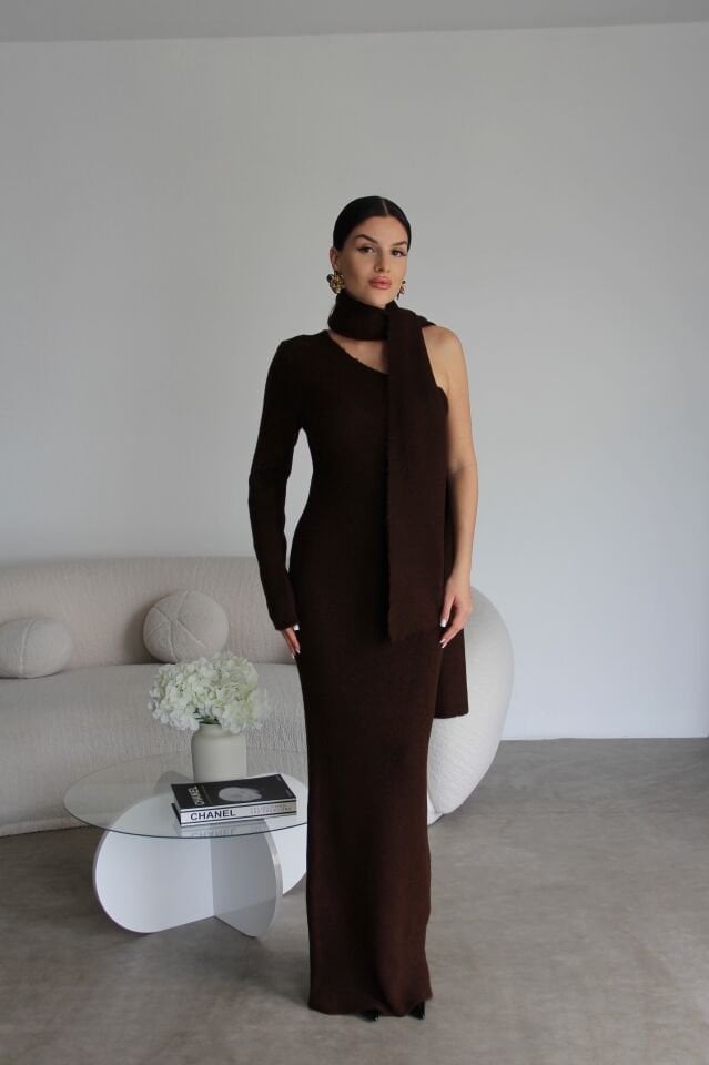 Kahve Şal Detaylı Tek Omuz MAXİ UZUN Triko Yün Elbise