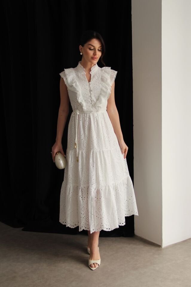 Dik Yaka Düğme ve ince Bağcıklı Detaylı Fırfırlı Brode Fisto Elbise