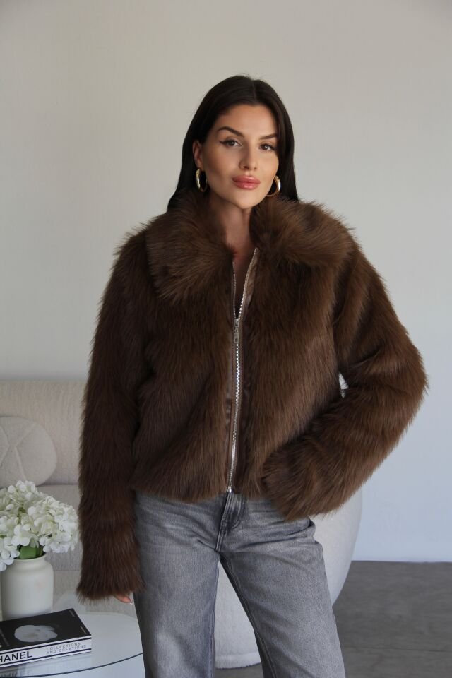 Kahve Deri Detaylı Önü Fermuarlı Astarlı Premium Kürk Ceket