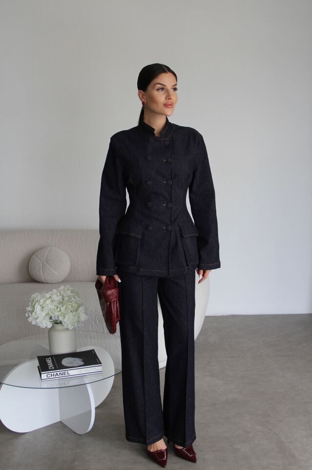 Belden Oturmalı Düğmeli Ceket ve İspanyol Paça Pantolon Premium Denim Takım (ÖN SİPARİŞ 25.11)