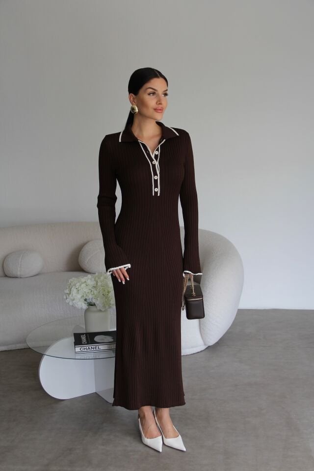 Kahve Polo Yaka Düğme Detaylı Maxi UZUN Boy Premium Triko Elbise