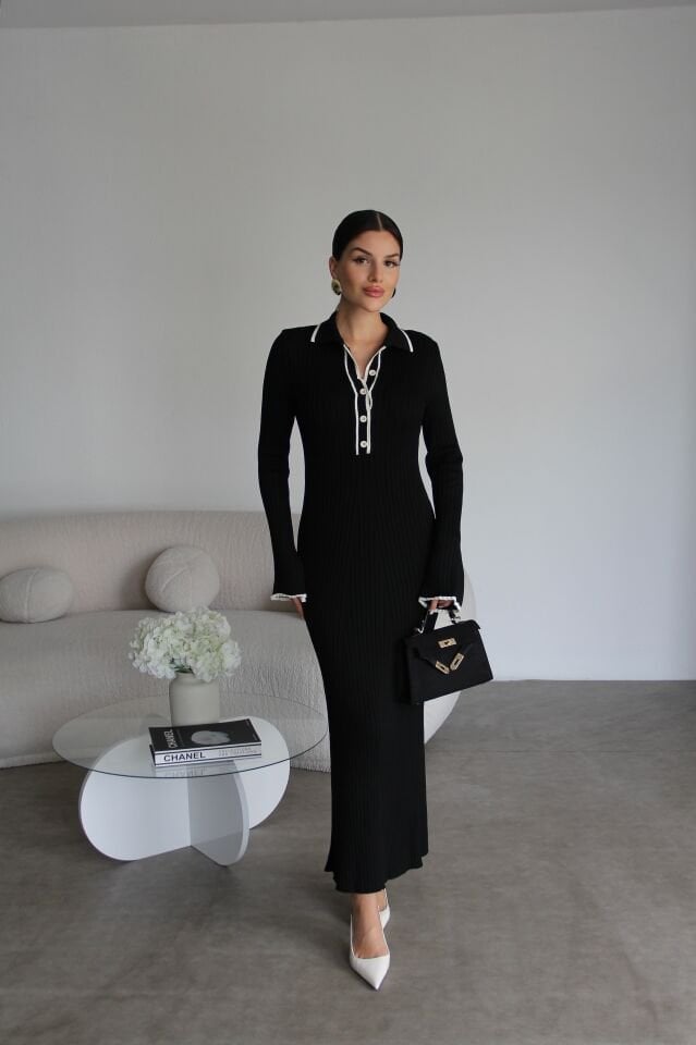 Siyah Polo Yaka Düğme Detaylı Maxi UZUN Boy Premium Triko Elbise