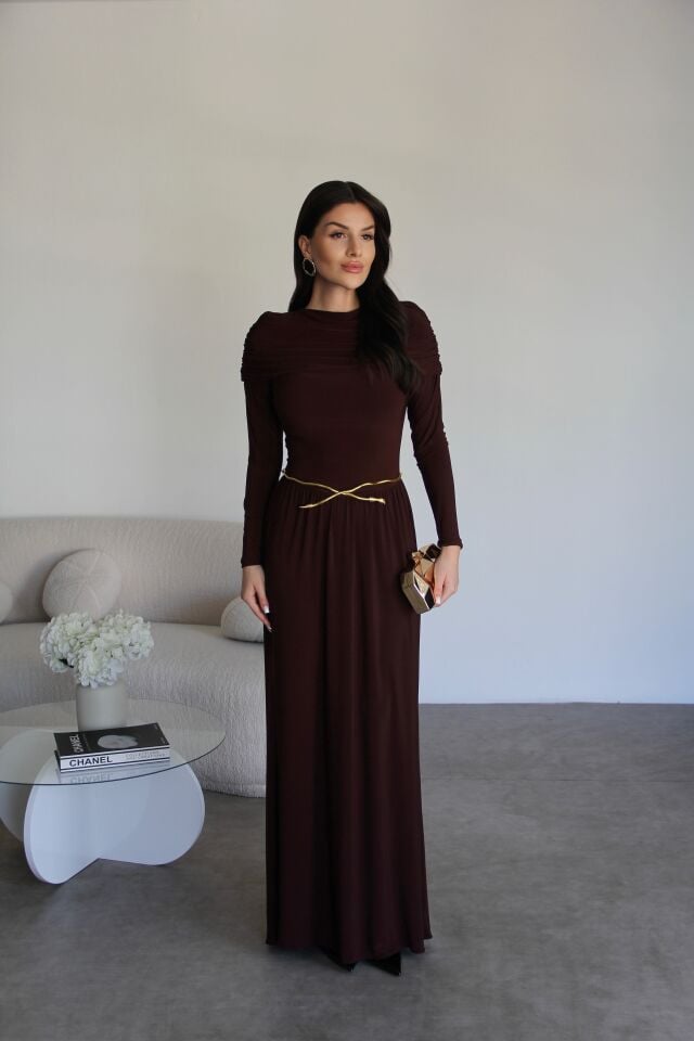 Acı Kahve Şal Yaka Gold Metal Kemerli Maxi Uzun Premium Büzgülü Elbise