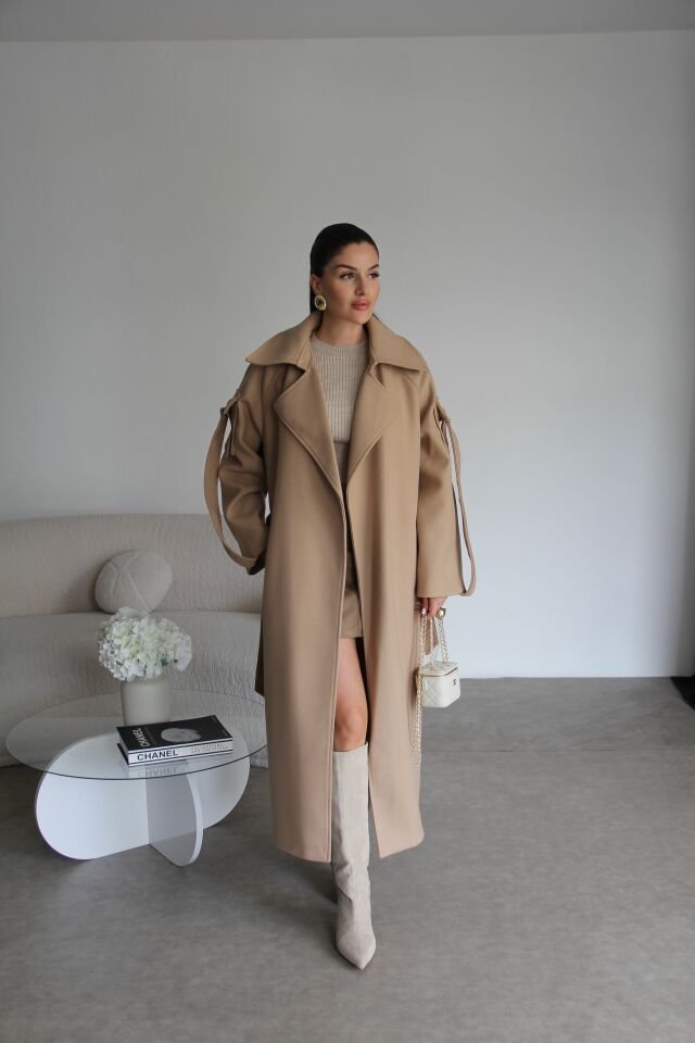 Camel Kuşaklı Kol Detaylı Oversize(BOL) Kesim Astarlı Premium Uzun Kaşe Kaban