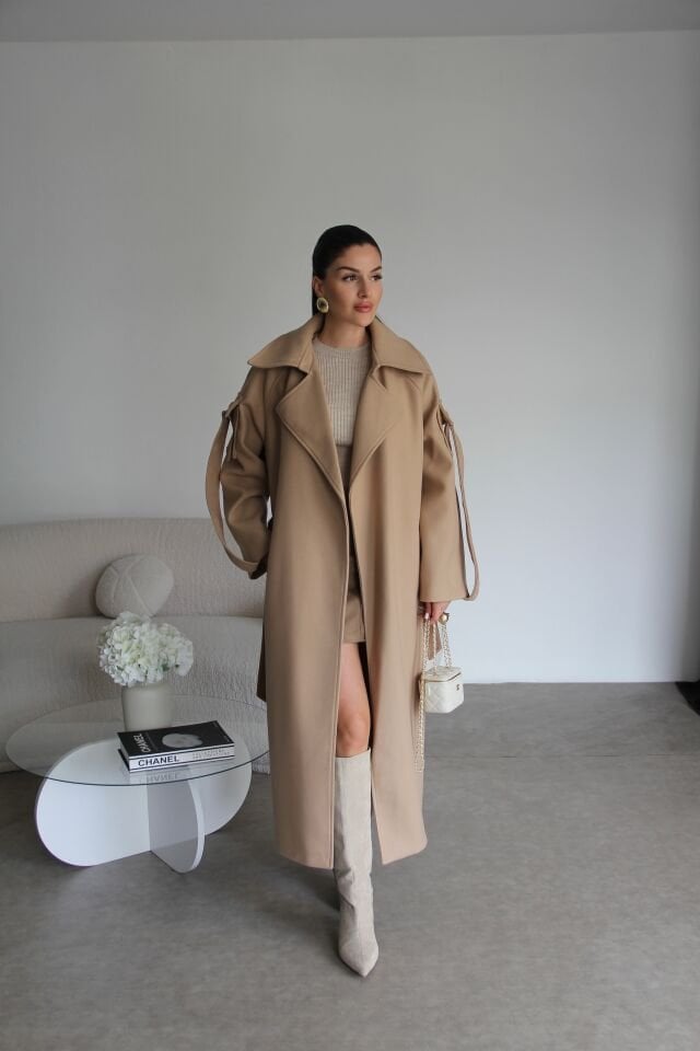 Camel Kuşaklı Kol Detaylı Oversize(BOL) Kesim Astarlı Premium Uzun Kaşe Kaban