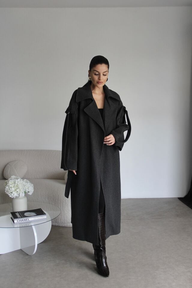 Antrasit Kuşaklı Kol Detaylı Oversize(BOL) Kesim Astarlı Premium Uzun Kaşe Kaban