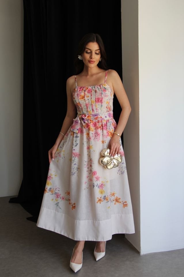 Korse Görünümlü Askılı Desenli KUŞAKLI Midi Boy Premium Tasarım Keten Elbise