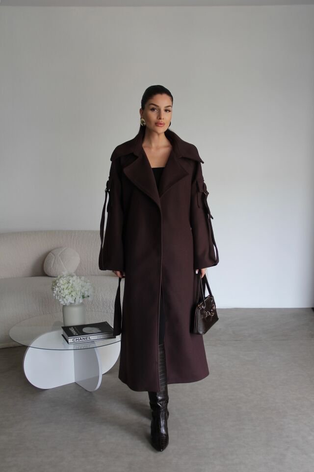 Acı kahve Kuşaklı Kol Detaylı Oversize(BOL) Kesim Astarlı Premium Uzun Kaşe Kaban