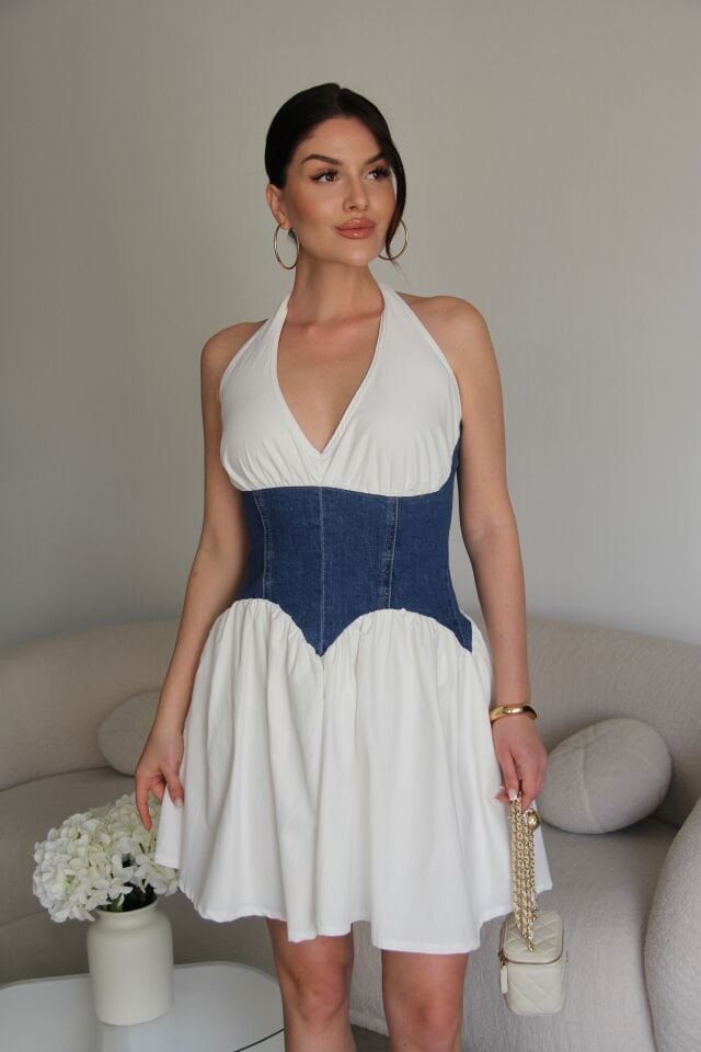 Denim Korse Detaylı Mini Elbise