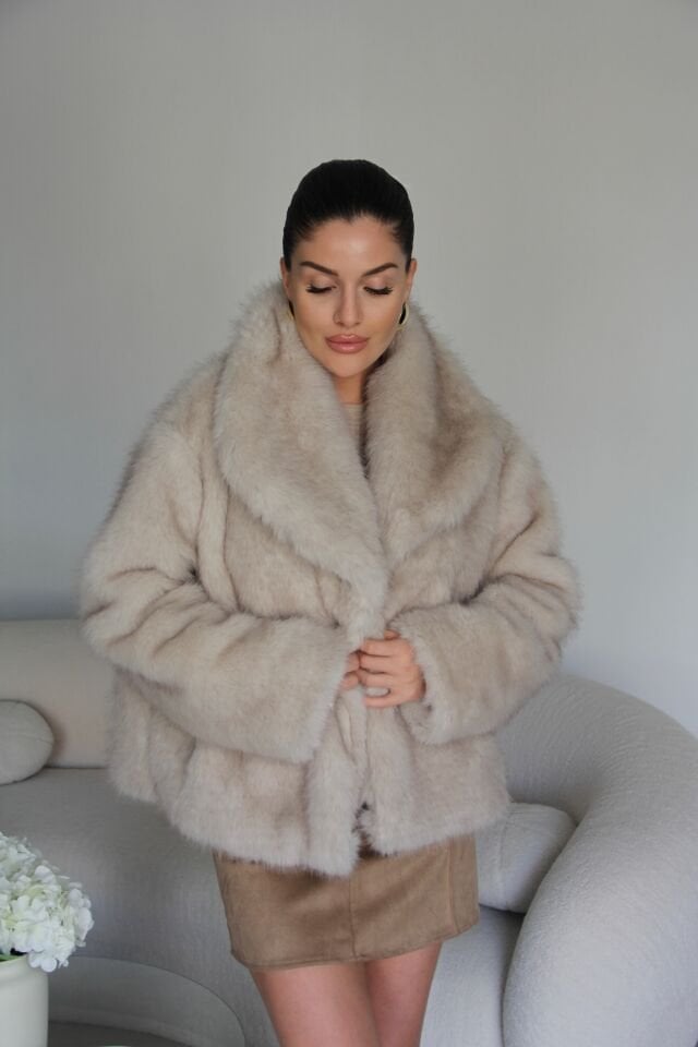 Taş Rengi Cepli Premium Kürk Ceket