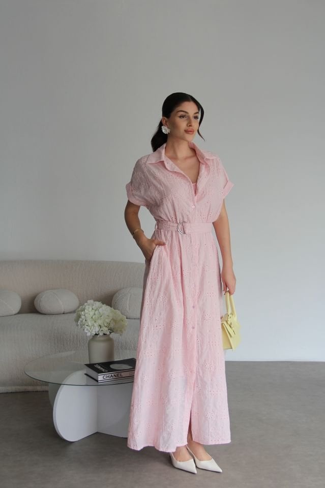 Pembe Ayrı Astarlı Kemerli Uzun Fisto Elbise