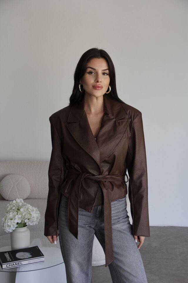 Kahve Beli Bağlamalı Vatkalı Astarlı Premium Deri Ceket