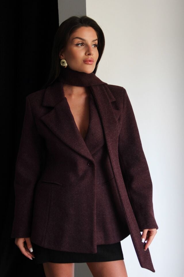 Mürdüm Şal Detaylı (KUŞAKLI) Astarlı Premium Tasarım Kaşe Ceket