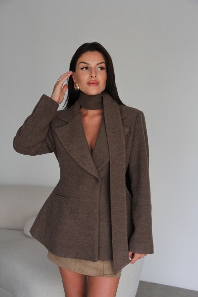 Kahve Şal Detaylı (KUŞAKLI) Astarlı Premium Tasarım Kaşe Ceket