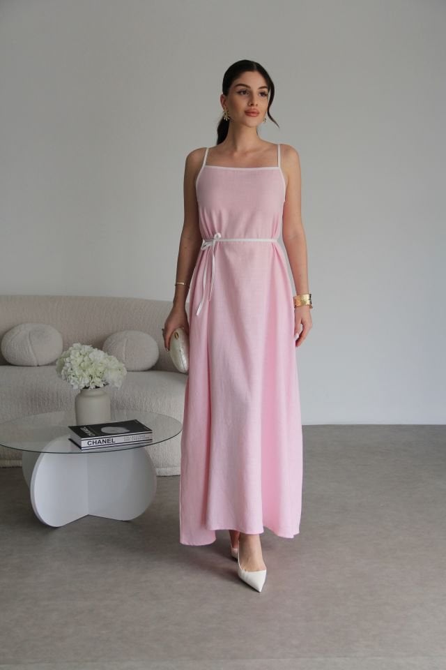 Pembe Biyeli Askılı Uzun Keten Elbise