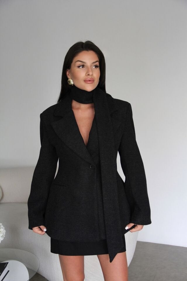 Koyu Füme Şal Detaylı (KUŞAKLI) Astarlı Premium Tasarım Kaşe Ceket