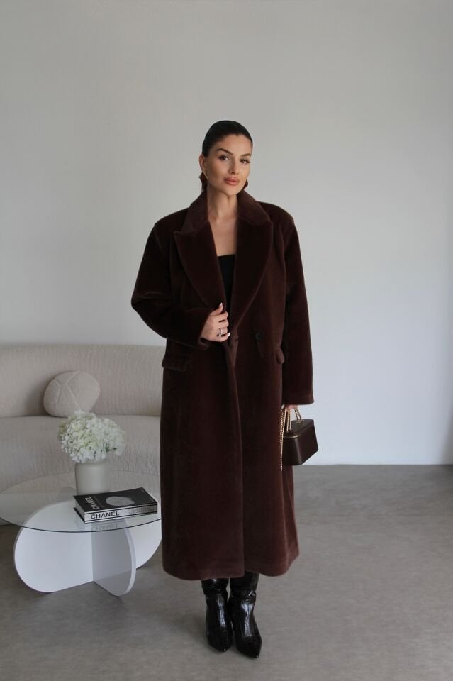 Acı Kahve Özel Dokulu Astarlı Premium Uzun Kaban