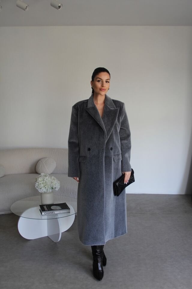 Gri Özel Dokulu(Tay Tüyü) Astarlı Premium Uzun Kaban