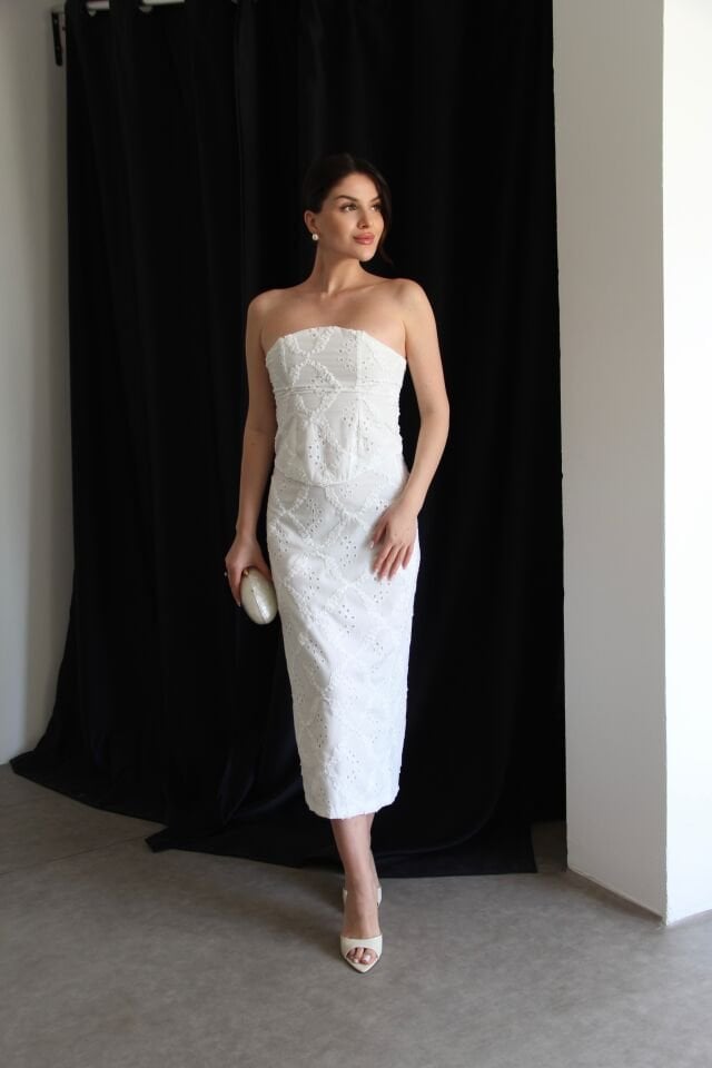Brode Nakışlı Korse Crop Bluz ve Midi Etek Alt Üst Takım