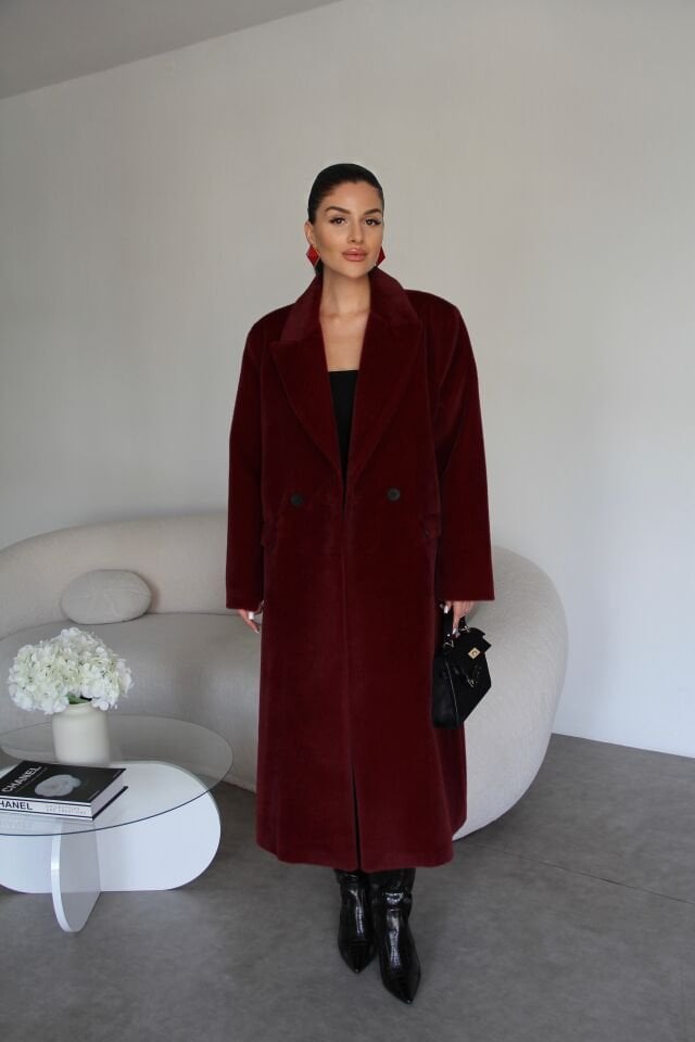 Bordo Özel Dokulu(Tay Tüyü) Astarlı Premium Uzun Kaban