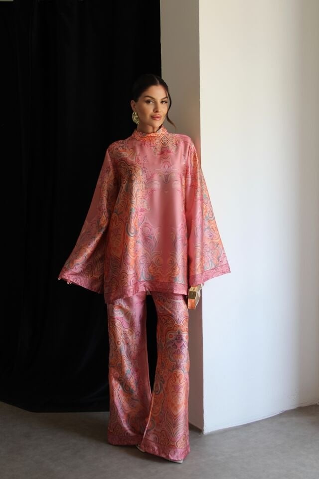 Desenli Oversize Bluz ve Pantolon Alt Üst Premium Saten Takım