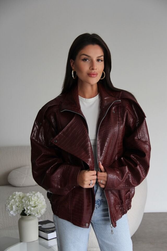 Bordo Dik Yaka Krokodil Astarlı Premium Blazer Deri Ceket