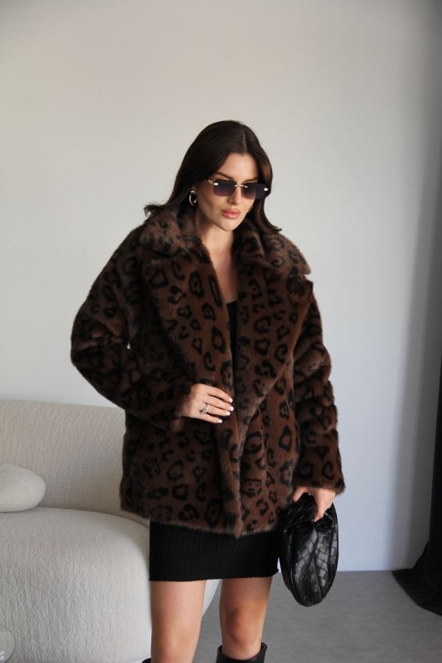 Kahve Leopar Desenli Astarlı Peluş Premium Kürk