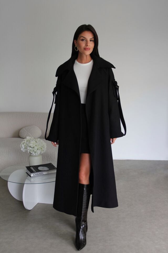 Siyah Kuşaklı Kol Detaylı Oversize(BOL) Astarlı Premium Uzun Kaşe Kaban