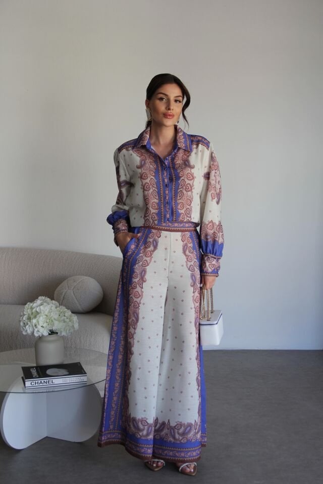 Desenli Gömlek Extra Geniş Paça Pantolon Alt Üst Premium Keten Takım